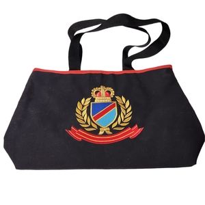 Royal crest black tote bag, black with turquoise interior.